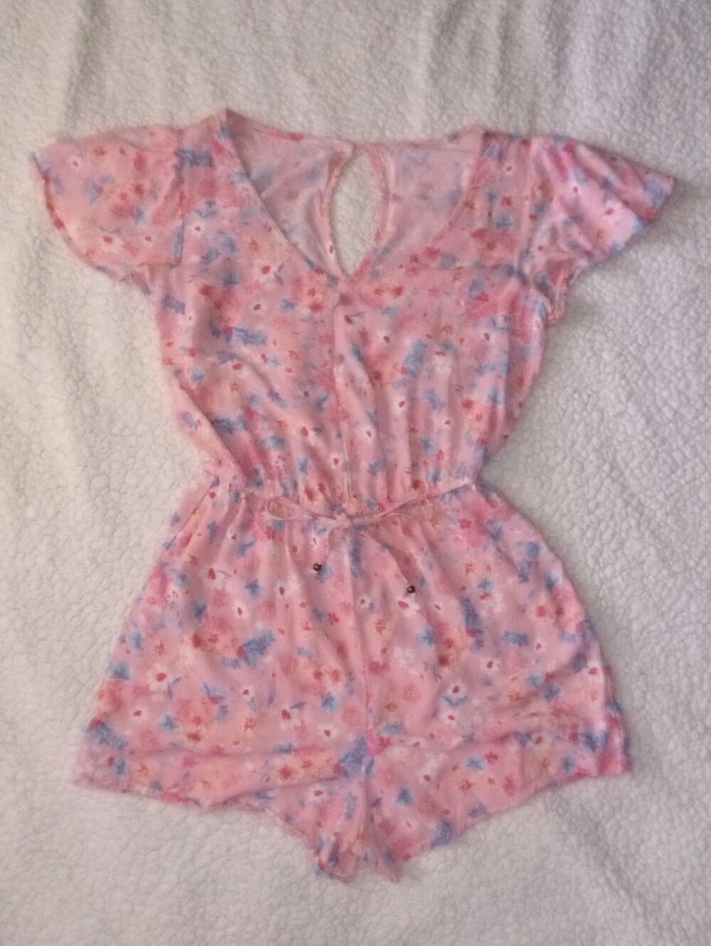 Women's Pink Floral Short-Sleeve Romper with Cinched Waist